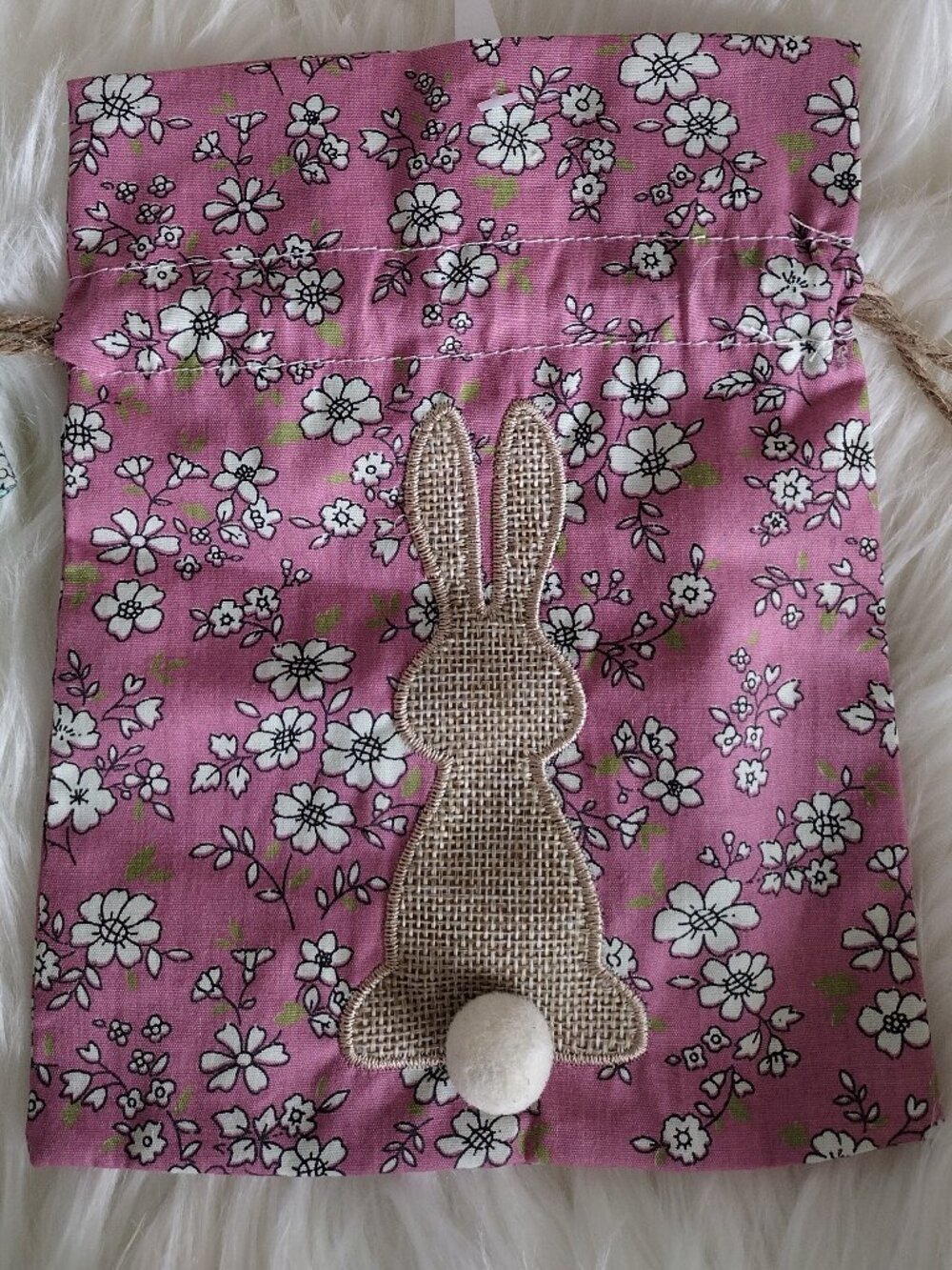 3 - Flower Print Cloth Draw String Bunny Gift Bag - Small
